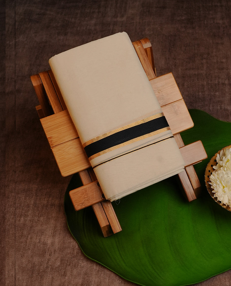 Cream  Colour Cotton Double Dhoti Finished With A Classic Black & Gold Kara