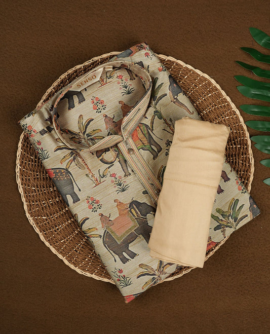 Muted Sage Green semi silk kurta set featuring multicolour animal and floral print on the body, mandarin collar with contrast placket detailing, and paired with a solid cream matching bottom.