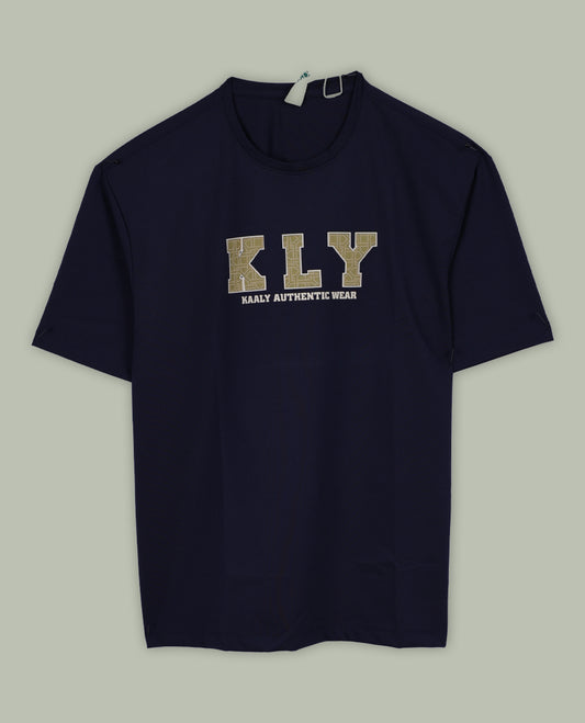 Navy blue colour T shirt featuring a bold  KLY Kaaly Authentic Wear  graphic on the chest, designed with a round neck and short sleeves, crafted from soft breathable fabric for a stylish and comfortable fit.