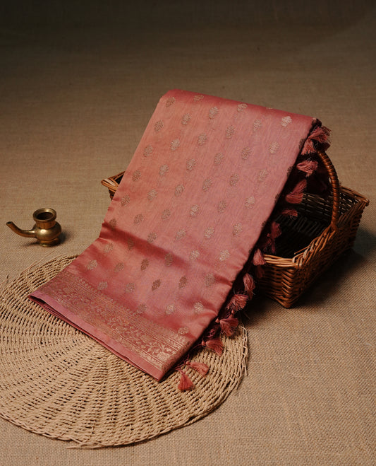 Nude brown colour semi tussar silk saree featuring elegant gold zari motifs across the body, designed with a subtle borderless zari finish for a sophisticated traditional look. Paired with a matching blouse piece.