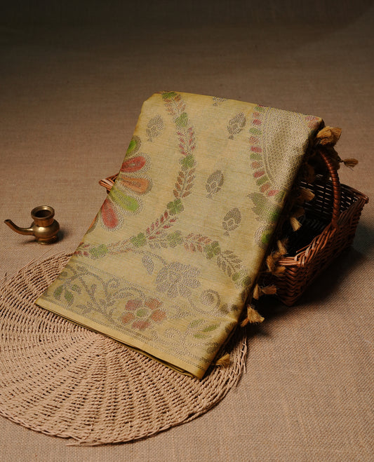 Yellow colour pure tussar silk saree featuring elegant antique zari kodi patterns across the body, designed with a graceful borderless finish for a refined look. Paired with a matching blouse piece.