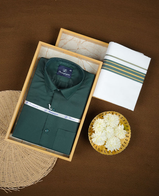 Dark green Colour shirt paired with a matching dhoti, finished with a dark green and gold border.