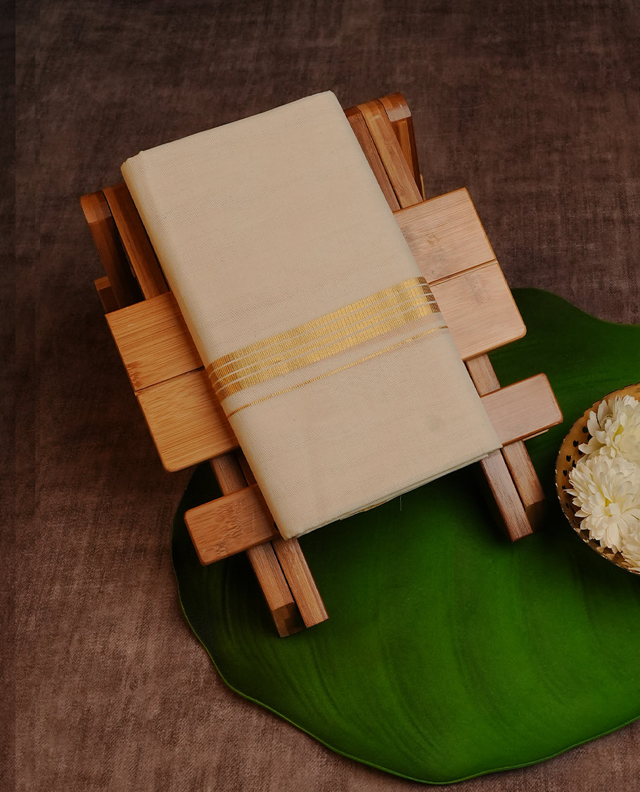 Cream colour Cotton Double dhoti featuring plain with Light Gold Striped  kara.