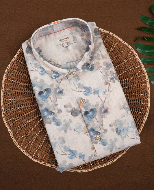 Beige with Blue Colour Floral Printed OCTANE Full Sleeve Slim Fit Shirt for Men