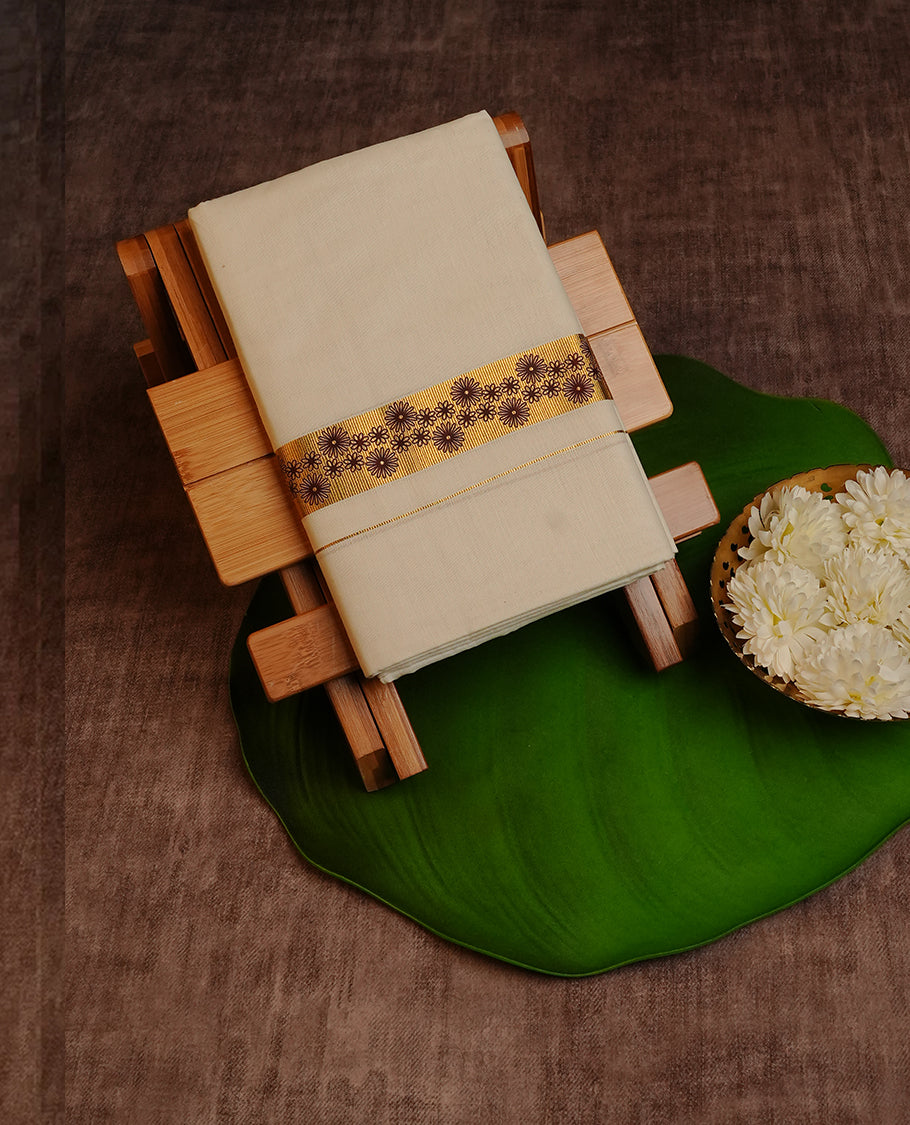 Cream Colour Cotton Double Dhoti Finished With Maroon Floral Prints On Gold kara.
