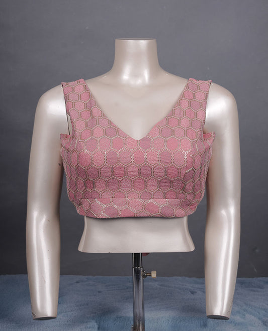 Light pink peach colour padded blouse with gold hexagon weave, sleeveless V-neck, and deep V-back with tie-up tassels.