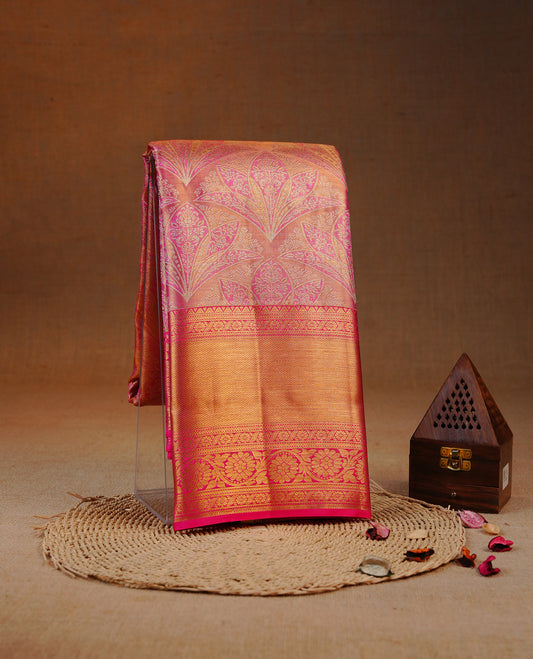 Pink & Gold double shade colour Tissue silk saree featuring Pattern on body, complemented by self colour with Gold Zari border, comes with matching blouse piece.