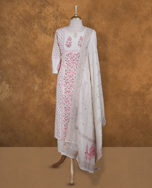 Cream colour churidar set featuring thread & cut beats embroidered on neckline, sleeves, and Pink colour floral print on body , Paired with a matching dupatta