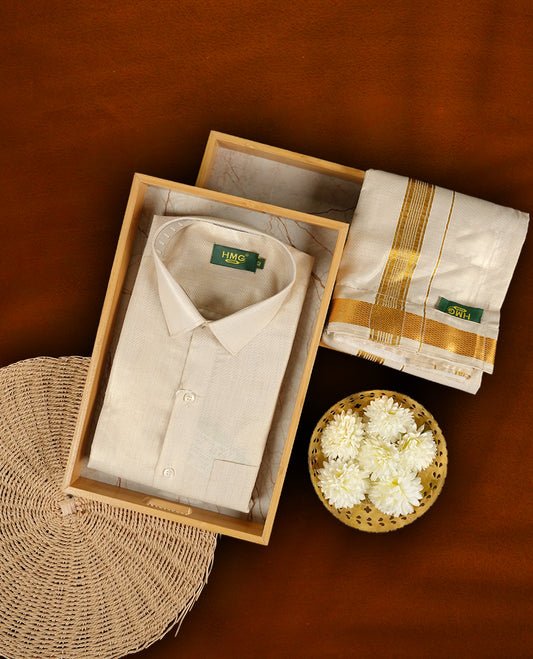 Gold colour shirt & dhoti set by HMG with rich zari border detailing, A timeless choice for weddings, poojas & traditional gifting.