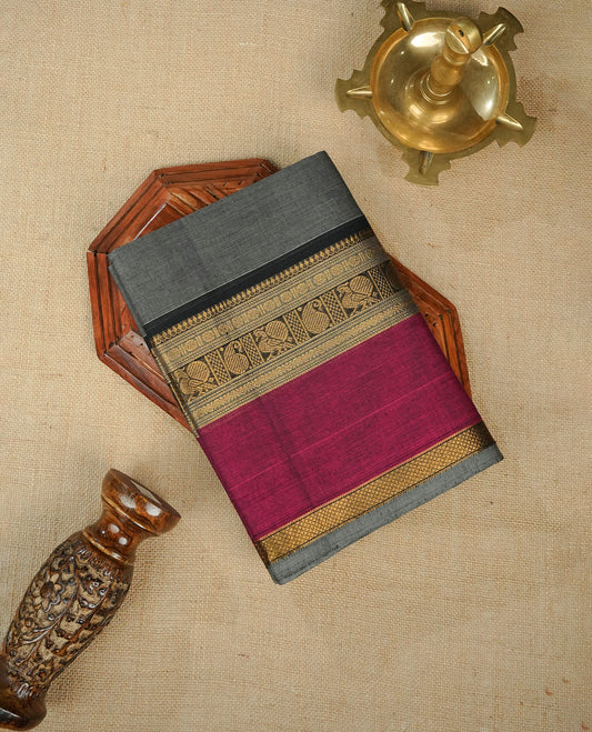 Grey Colour Chettinad Cotton Saree Featuring Elegant plain Body, Complemented by a contrast Magenta & black Colour Border with Gold Zari and Pallu, Paired with a Matching Blouse Piece