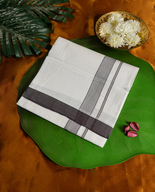 white colour cotton dhoti featuring a sleek dark burgundy border, designed with a classic weave for a refined traditional look  & Perfect for festive occasions, cultural ceremonies, and temple wear.