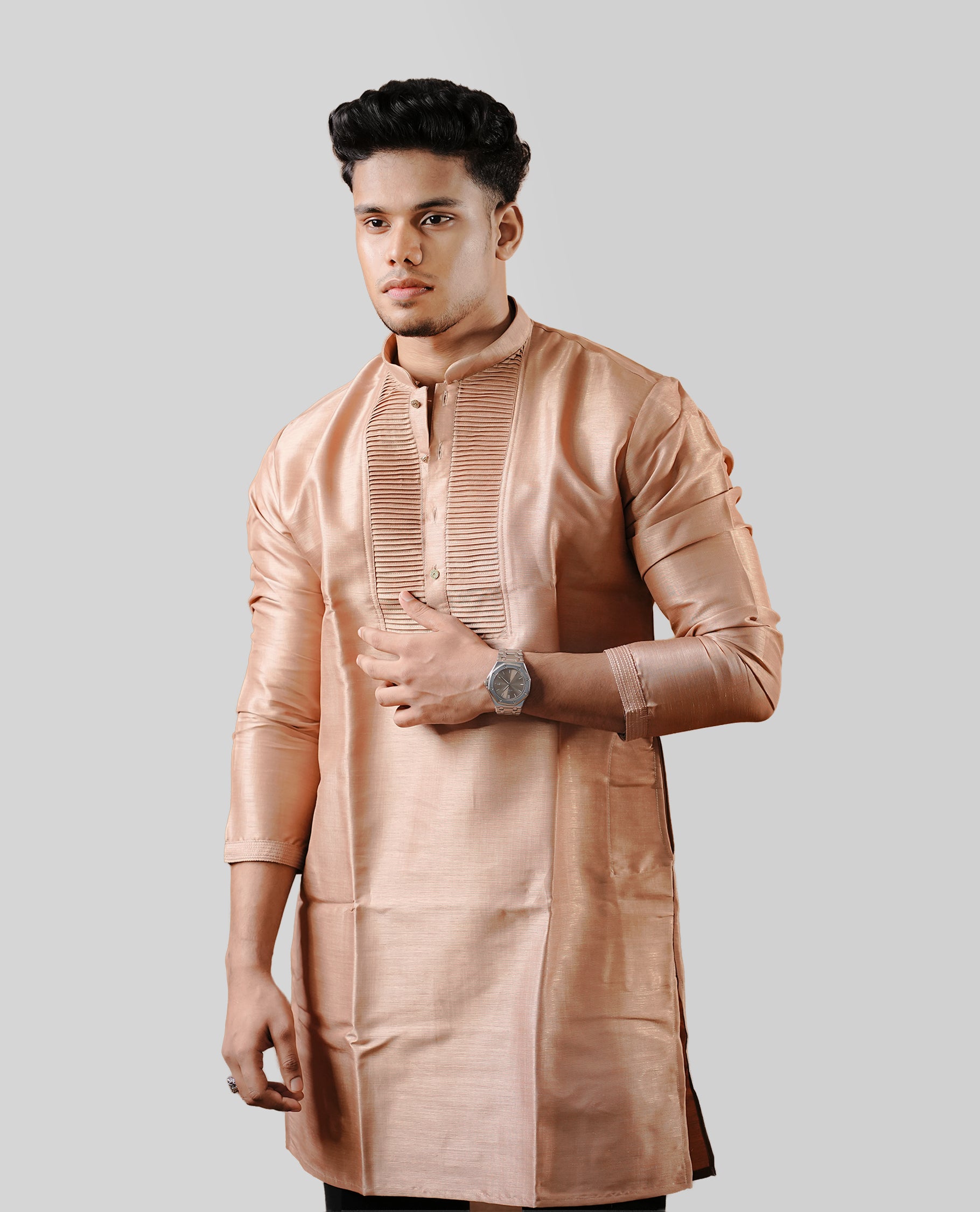 Light coffee colour men's kurta featuring elegant small Pleated work on the body, complemented by full sleeves for a refined and festive look.
