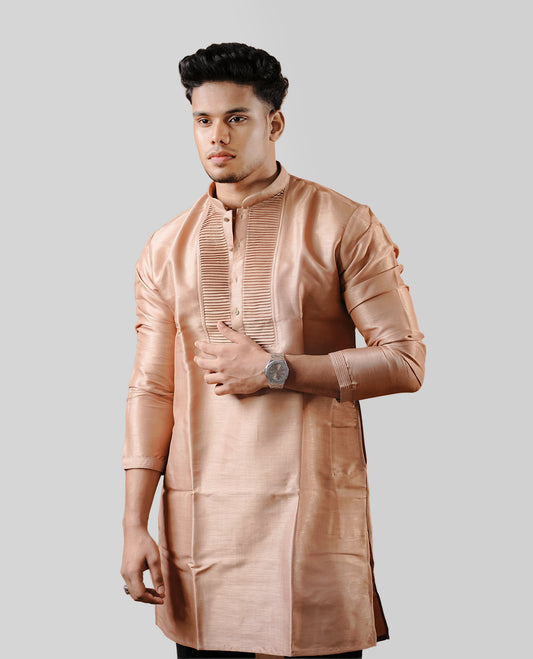 Light coffee colour men's kurta featuring elegant small Pleated work on the body, complemented by full sleeves for a refined and festive look.