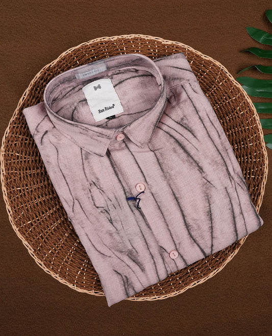 Light mauve short sleeve shirt featuring a unique crinkled black linear pattern, button down front, and classic collar & Crafted from breathable fabric, perfect for a casual yet stylish everyday look.