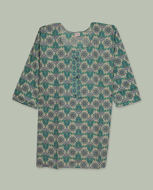 off-white colour printed top featuring an all-over teal ethnic motif print, a round neckline, and a short front button placket.