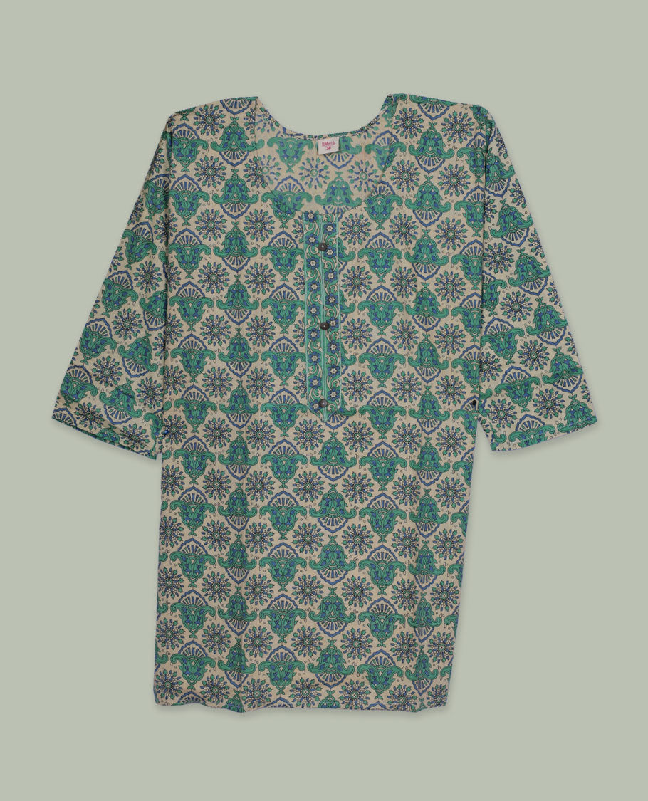 off-white colour printed top featuring an all-over teal ethnic motif print, a round neckline, and a short front button placket.
