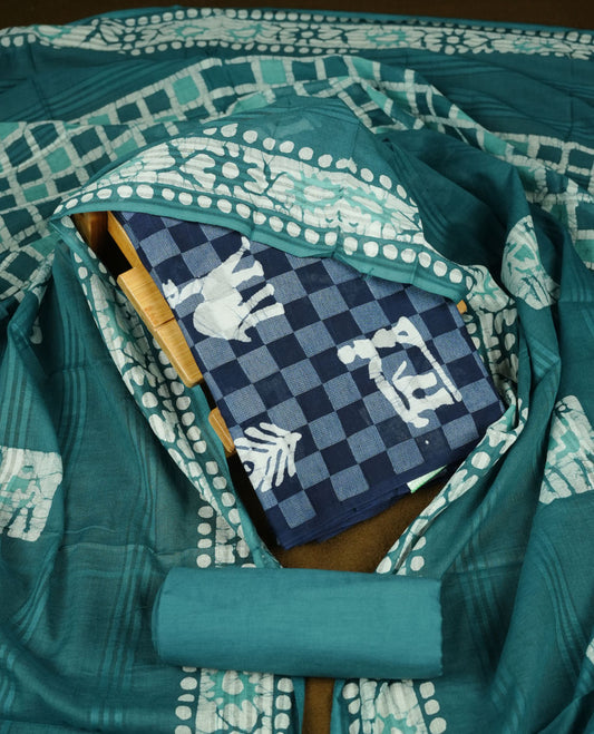 Dark Blue colour churidar material featuring a checked printed body with subtle motifs, paired with a matching bottom and coordinated printed dupatta.