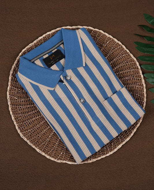 Blue and beige striped men's polo T shirt featuring a classic collar, half sleeves, button placket, and chest pocket crafted from breathable fabric for a timeless, casual, and comfortable look.