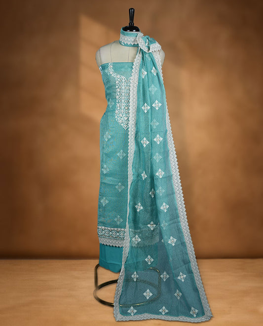 Teal blue colour churidar set with off white thread embroidery and pearl detailing, paired with cotton matching pant and dupatta.