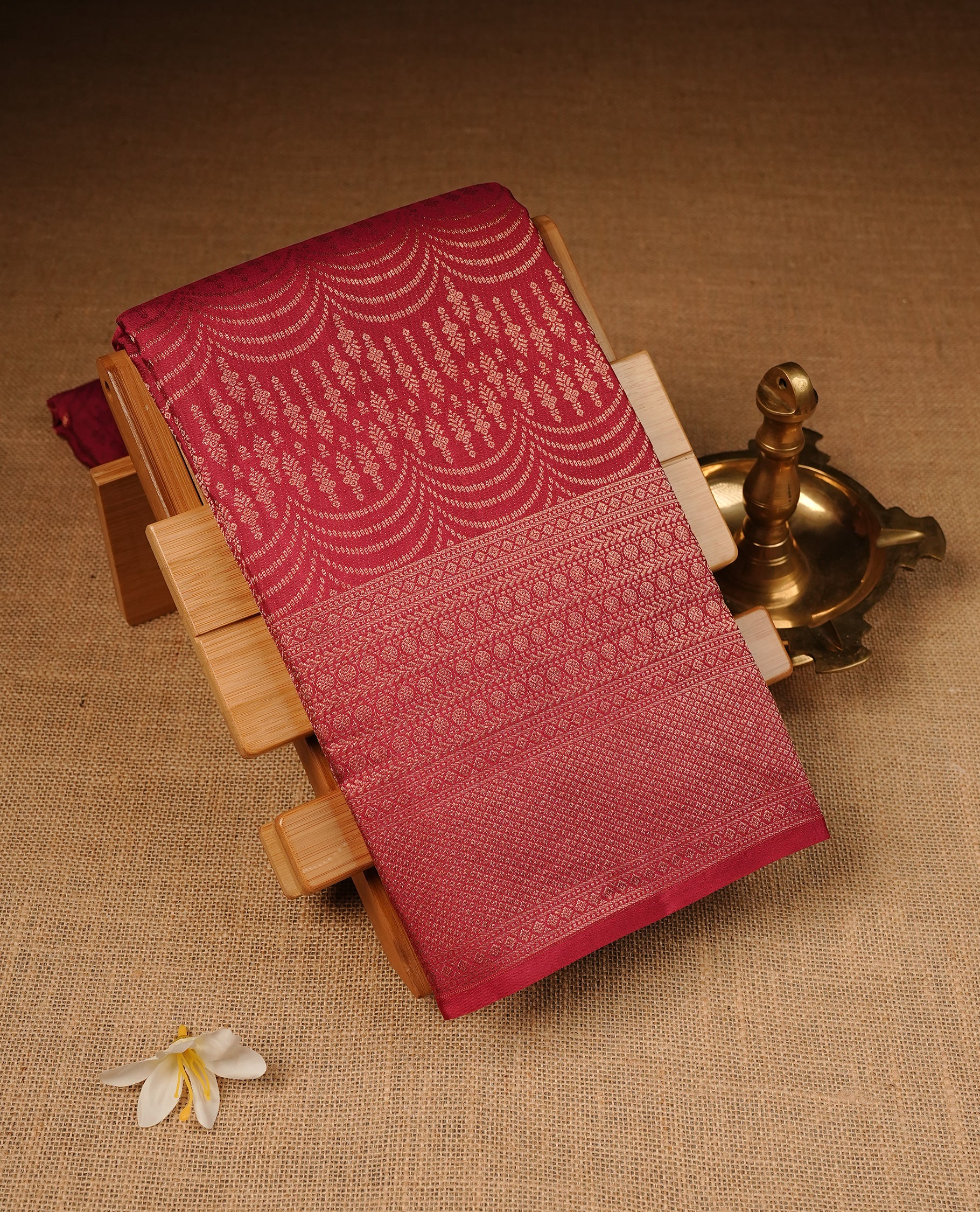 Rouge Colour Wedding silk saree Featuring Gold Zari Pattern on Body, Finished with Self colour With Traditional border, Comes with Matching Blouse Piece.