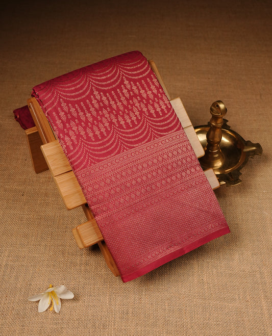 Rouge Colour Wedding silk saree Featuring Gold Zari Pattern on Body, Finished with Self colour With Traditional border, Comes with Matching Blouse Piece.
