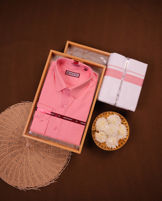 Candle light pink Colour  MINISTER WHITE shirt paired with a matching dhoti, finished with a candle lightPink colour border.