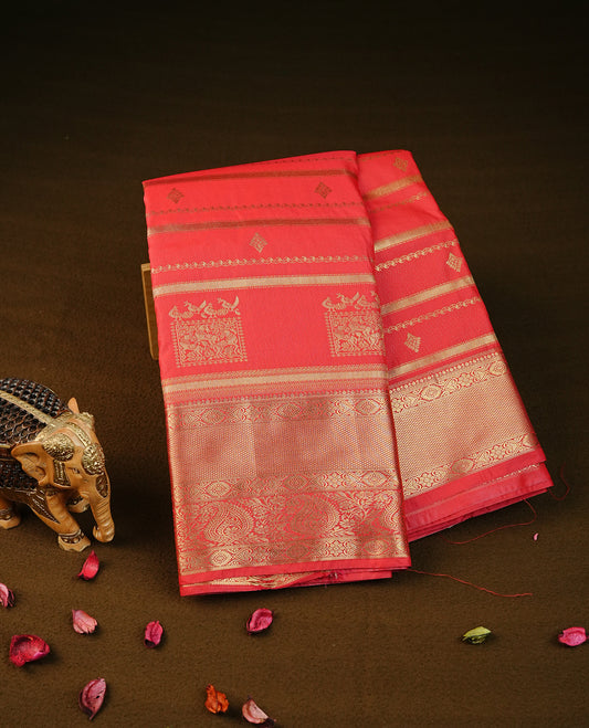 Red colour semi wedding silk saree featuring gold zari with stripes & buttas on body, contrast self colour traditional border on body, rich pallu comes with matching blouse piece