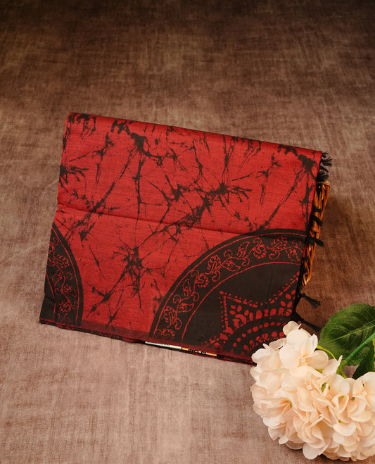 Dark Red colour Polycotton Saree adorned with Black abstract prints on the body, complemented by a contrast printed pallu and matching printed blouse piece.