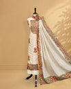 Cream colour salwar material Featuring Indian Art forms Print on body, paired with matching bottom & Elegant Dupatta