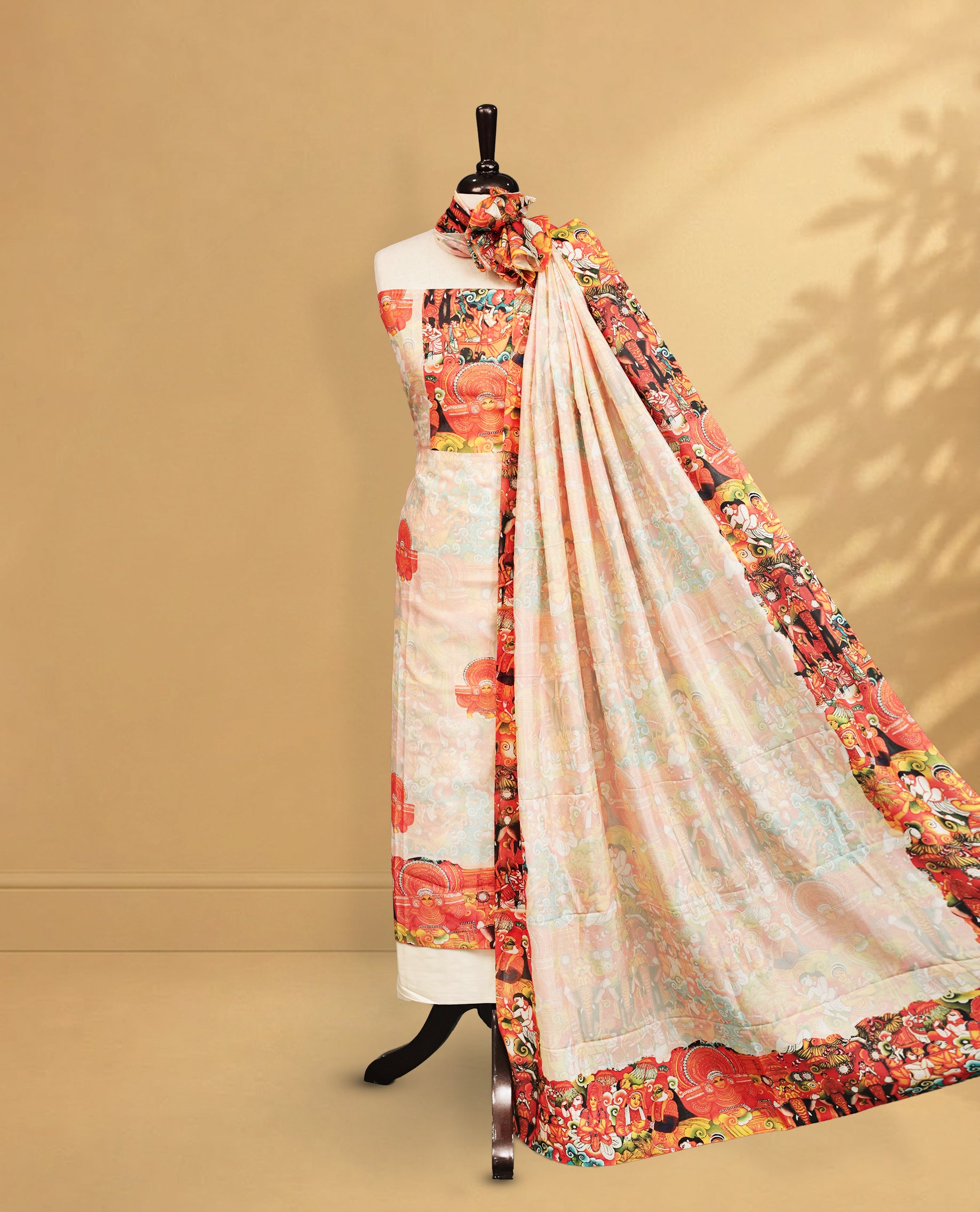 Cream colour salwar material Featuring Indian Culture Art Forms Theme Print on body, paired with matching bottom & Elegant Dupatta