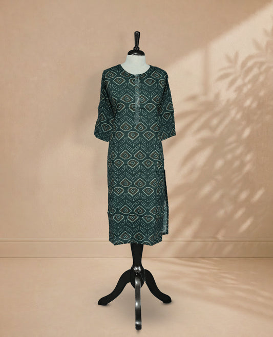 Dark Teal Colour Kurti Faturing  geometric and leaf-inspired block print On Body , Round  Neckline  With Thread Detailing  & 3/4 Sleeve Design.