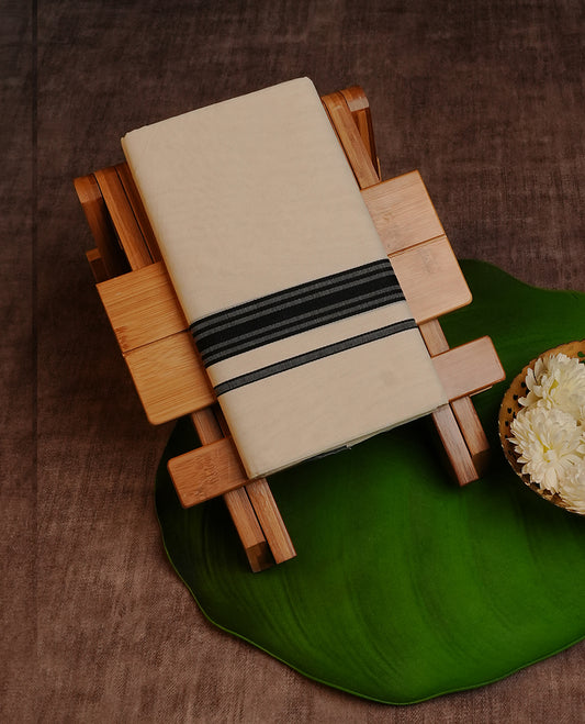 Cream Colour Cotton Double Dhoti Finished With A Classic Body , A Black & Grey Kara