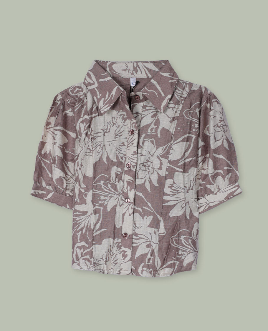 Dusty mauve floral printed shirt top with collared neckline, front button placket, short cuffed sleeves, and soft gathers at the shoulders.