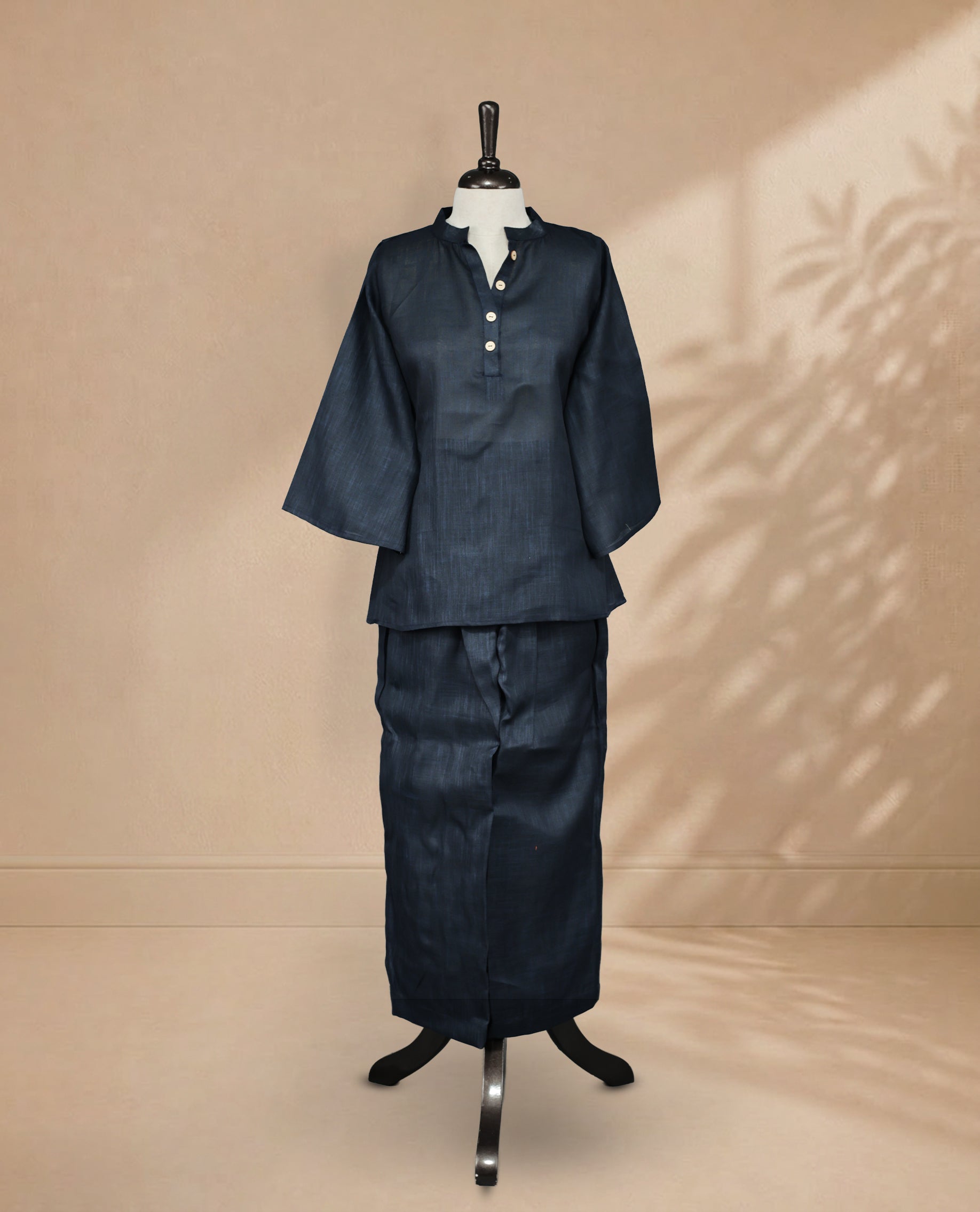 Women Two Piece L Navy Blue Colour Co-Ord Set with Mandarin Collar, Button Detail and  Sleeves