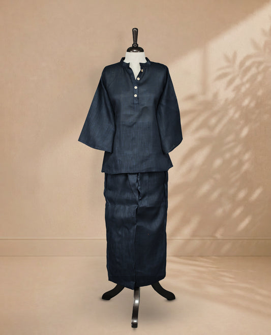 Women Two Piece L Navy Blue Colour Co-Ord Set with Mandarin Collar, Button Detail and  Sleeves