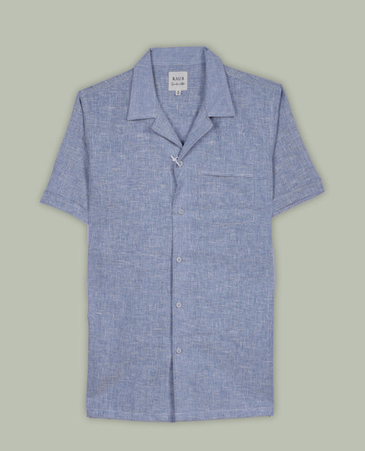 Pastel blue colour short sleeve shirt in a lightweight cotton linen blend, designed with a laid-back Cuban collar and chest pocket , it perfect for breezy, casual days.