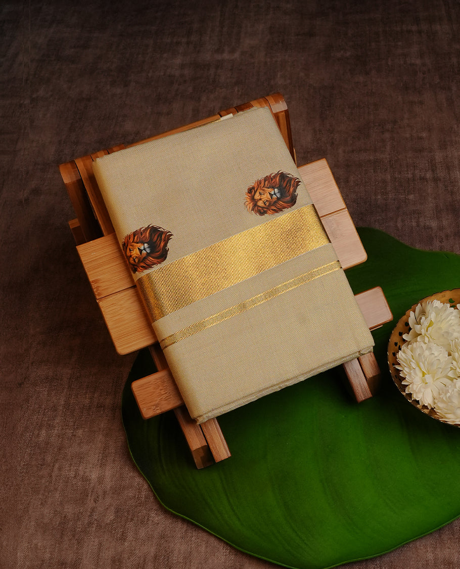 Cream Colour Tissue Double Dhoti Finished With A Classic Golden Kasav & Lion print.