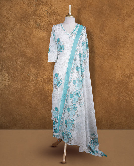 Aqua green & white colour churidar set featuring thread embroidered neckline, sleeves, and Floral printed pattern on body , Paired with a matching dupatta