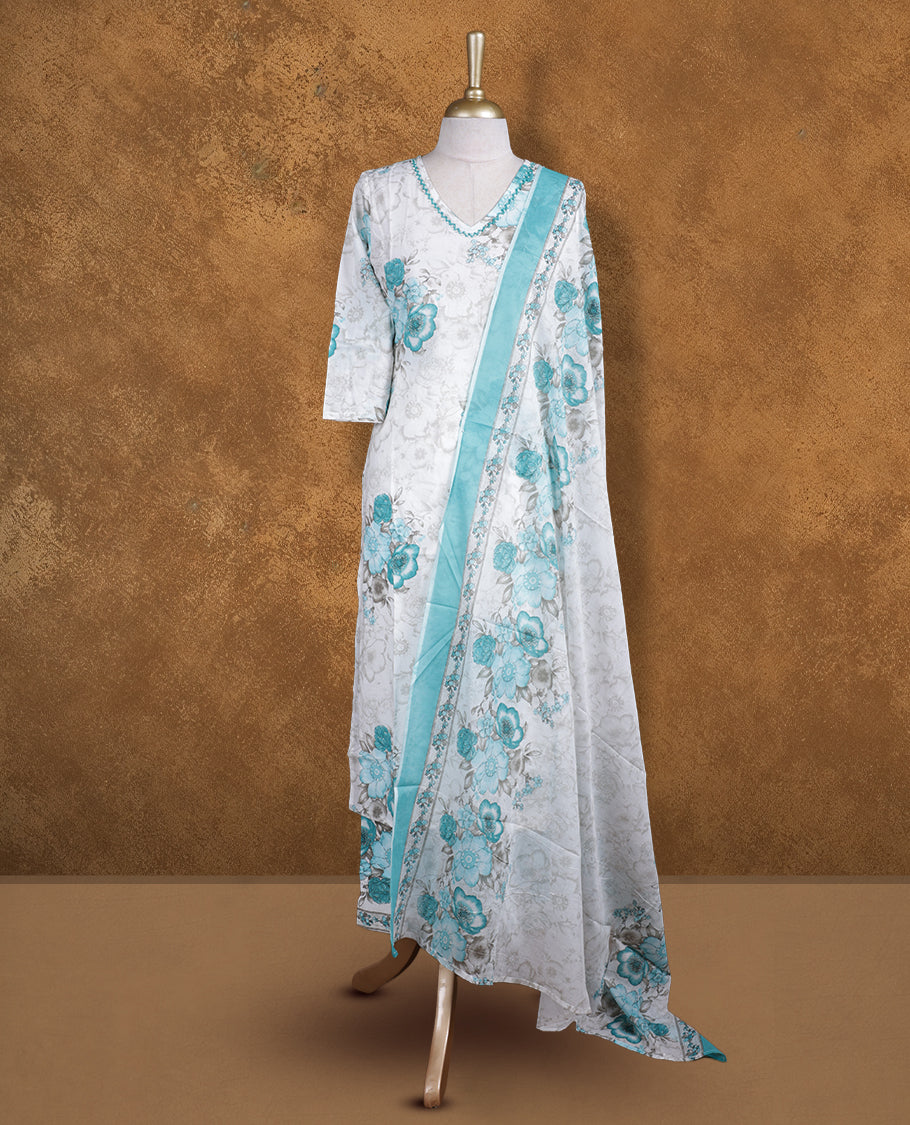Aqua green & white colour churidar set featuring thread embroidered neckline, sleeves, and Floral printed pattern on body , Paired with a matching dupatta