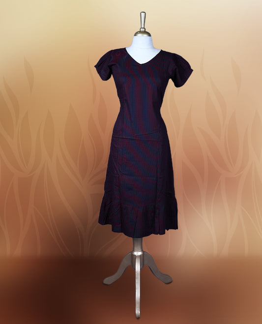 Dark blue colour nightwear with subtle stripes, featuring a flattering V neck and short sleeves, The flared hem adds charm, making it a perfect blend of elegance and comfort for any occasion.