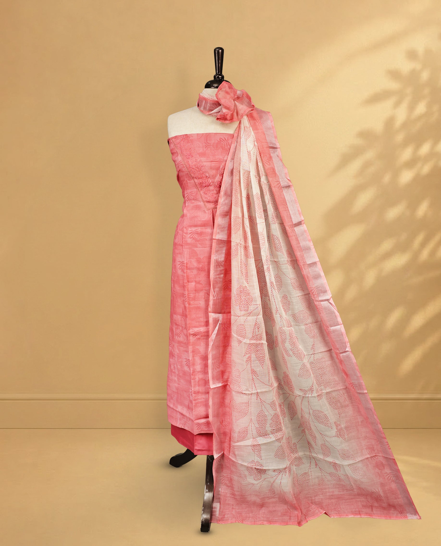 Pink Colour Salwar Material Featuring Leaf Pattern on body, paired with matching bottom & Elegant Dupatta For All go occasion Wear.