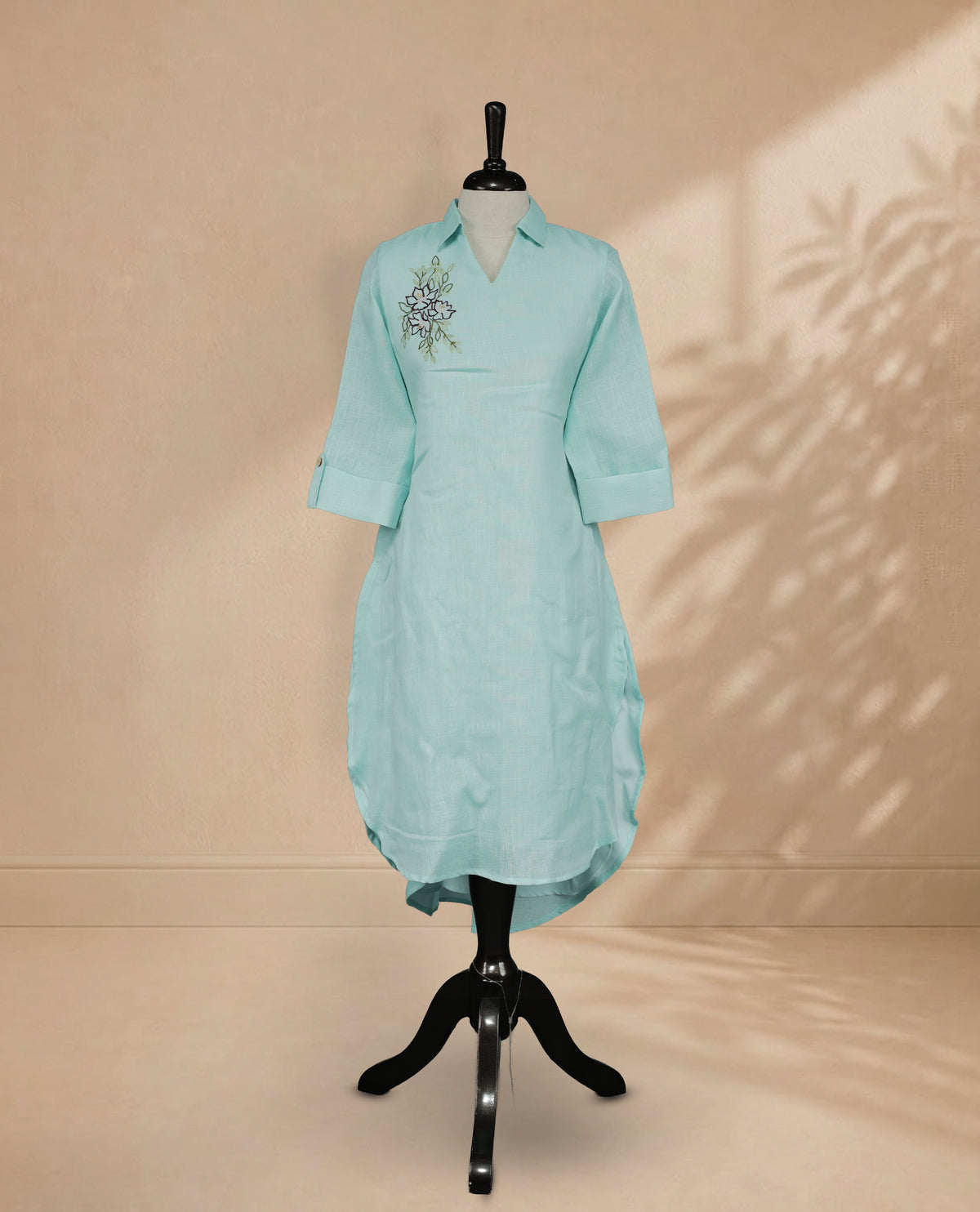 Light Blue Colour Kurti with Floral Embroidery, Collared V-Neck and Sleeves
