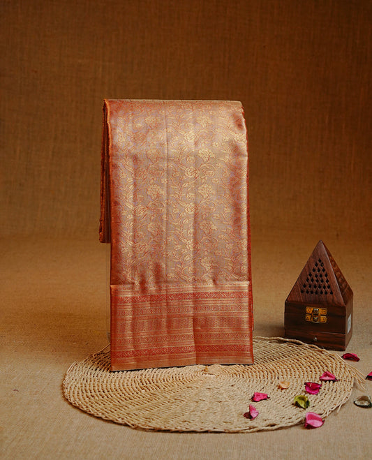Gold & Maroon colour Double shade Semi tissue silk saree featuring Gold zari kodi pattern on body, self colour with traditional border, paired with matching.