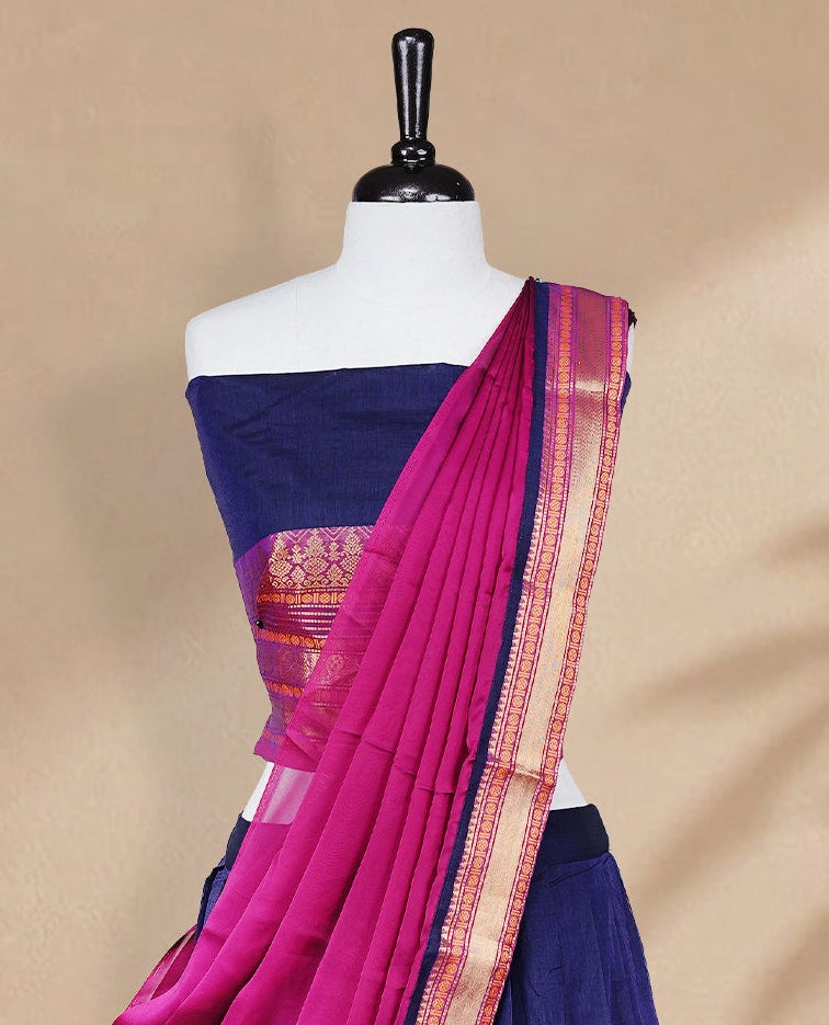 Navy Blue colour Half saree featuring Plain skirt with Zari border on contrast Magenta colour border, Unstitched Blouse and matching dupatta.