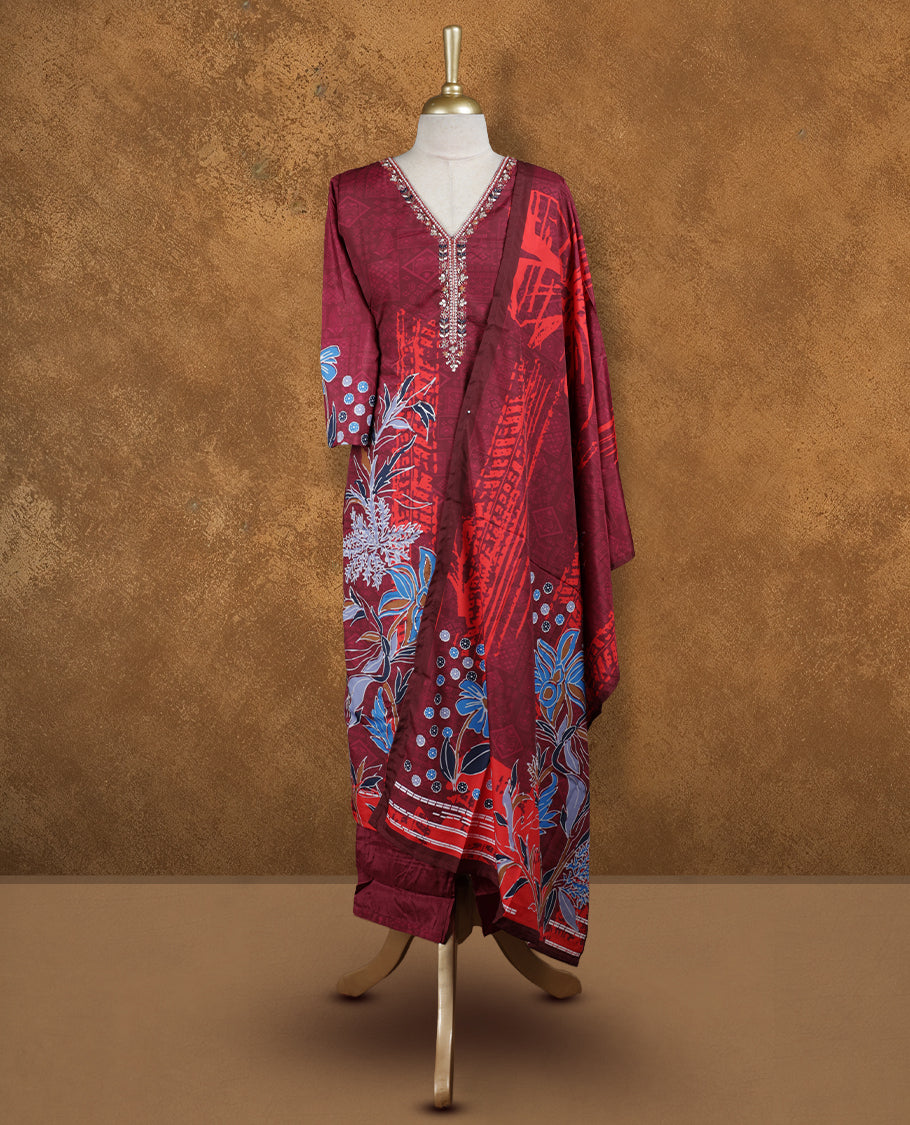 Dark Red colour churidar set featuring elegant cut beat And thread embroidery on the neckline, sleeves, and floral pattern across the body, Paired with a matching dupatta