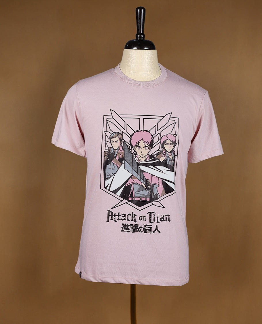 Pink colour men's T shirt featuring bold anime character print with Japanese text, made from soft fabric with half sleeves and a crew neck for a stylish and comfortable fit