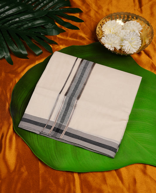 Cream colour cotton double dhoti featuring grey colour border with silver zari border