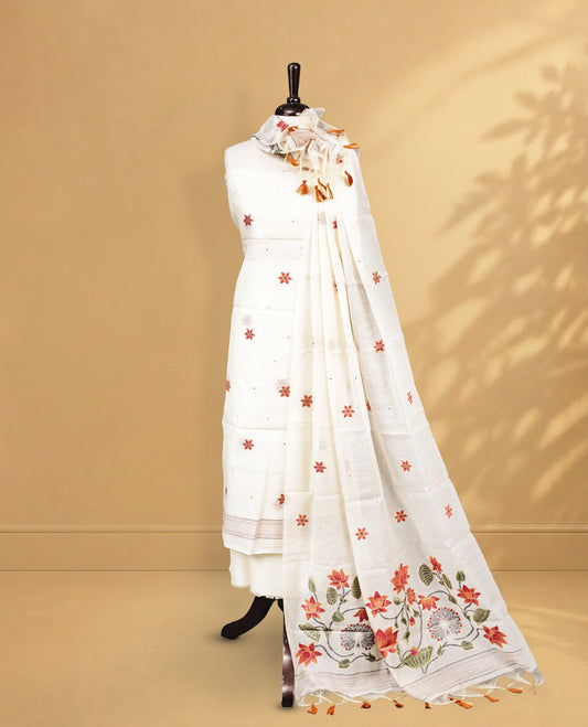 Off white Salwar material Featuring Motifs on body, zari border, paired with matching bottom, Floral Patterned Dupatta.