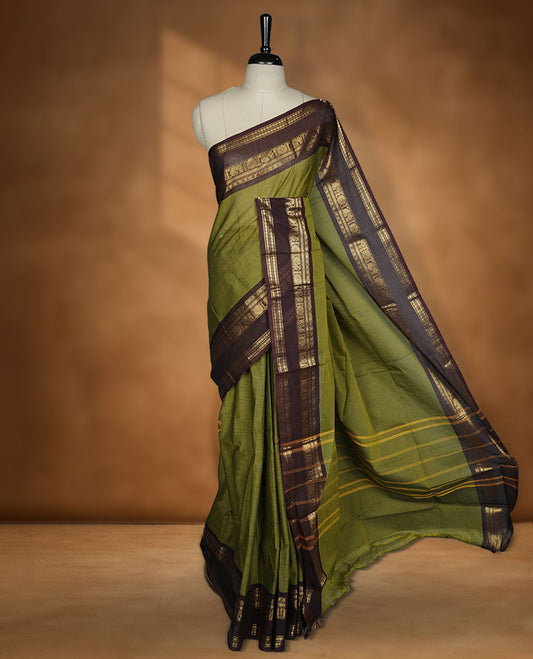 Olive colour chettinad cotton saree featuring plain body, contrast chocolate brown colour with traditional gold zari border paired with matching blouse.