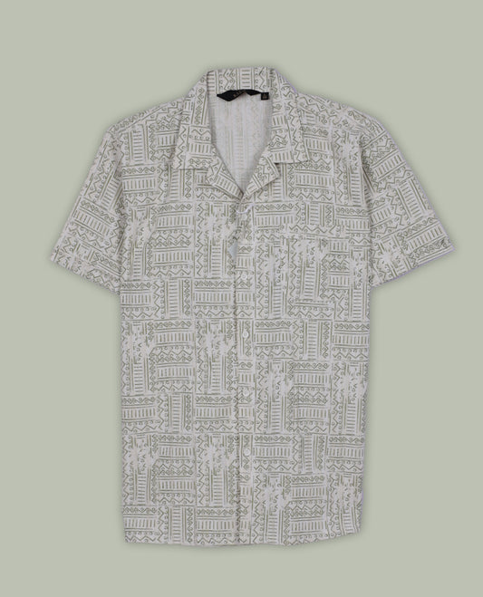 Off white colour shirt adorned with green geometric prints, Designed with a classic collar and full sleeves, it blends effortless style with everyday comfort.